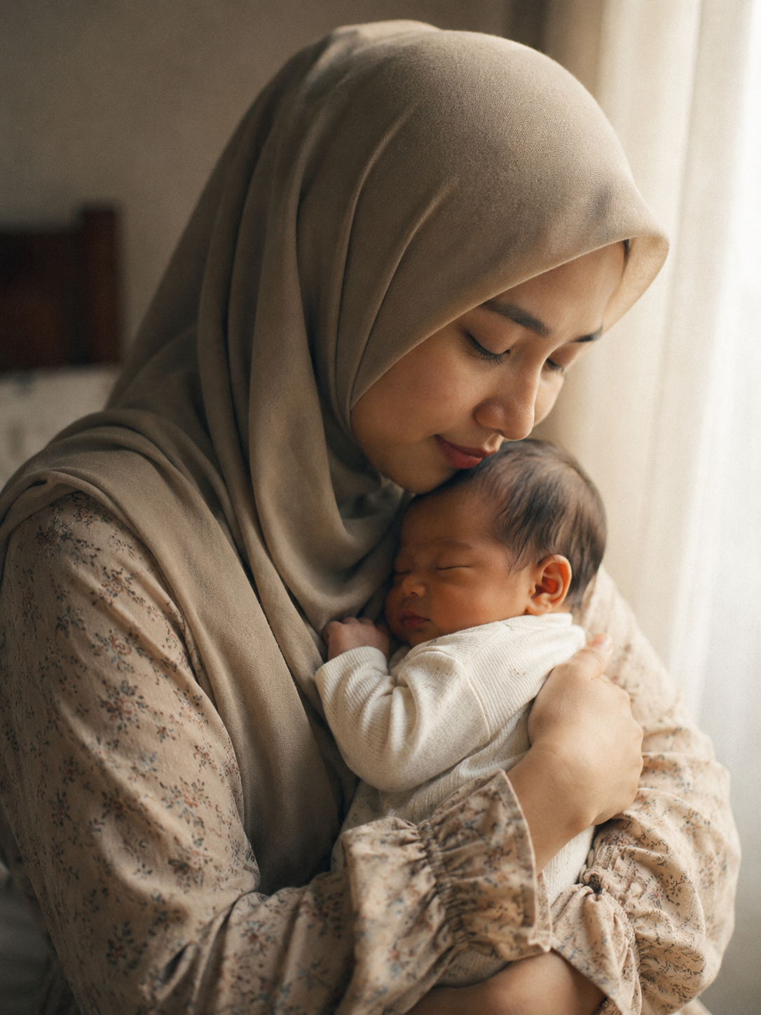 Ibu mendukung bayi yang baru lahir dengan penuh kasih